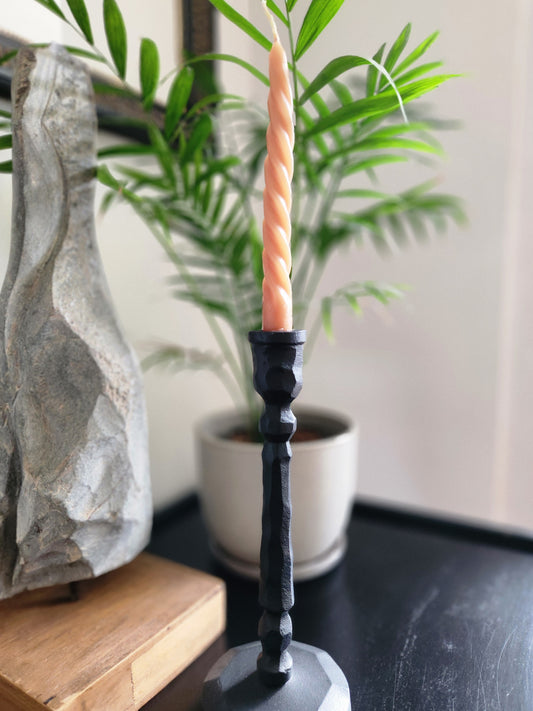 Candelabro de fierro negro con vela rosada, junto a una planta