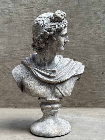 Busto de Apolo decorativo en tono gris piedra, sobre fondo de hormigón